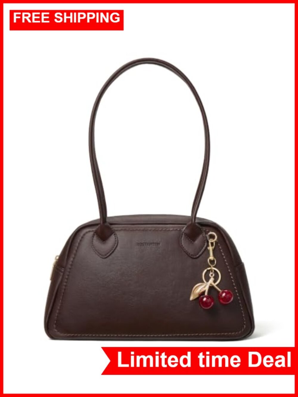 Bowler Shoulder Bag Women Vegan Leather Retro Purse with Cherry Charm